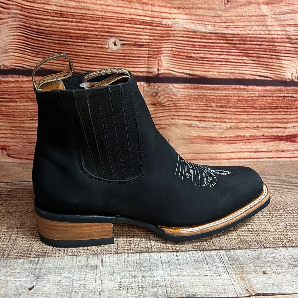 Men's Western Cowboy Handmade Genuine Nubuck Black Leather Half Boots Rubber Sol - Picture 2 of 8
